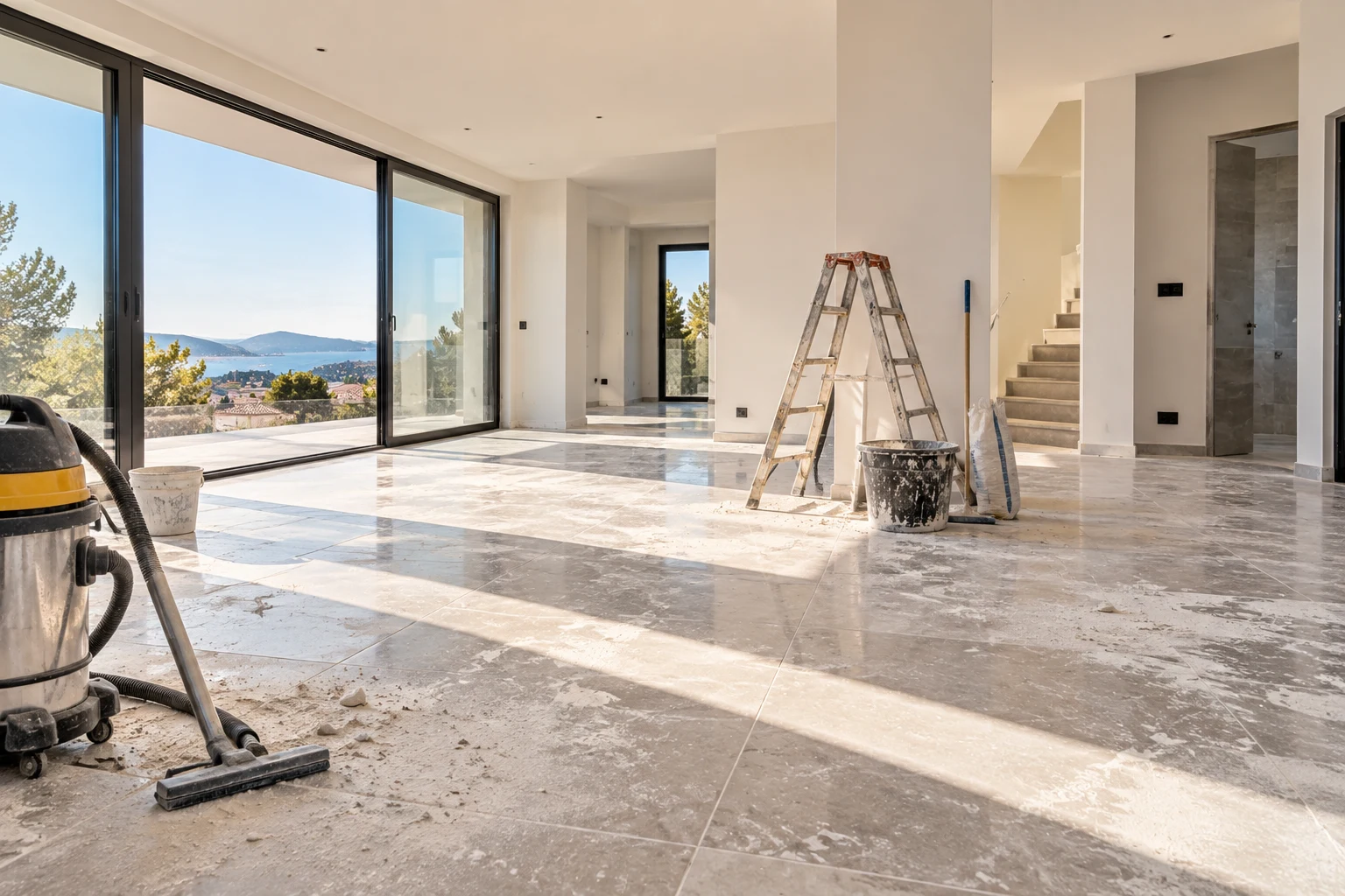 Intérieur fraîchement nettoyé après travaux, carrelage clair et baies vitrées