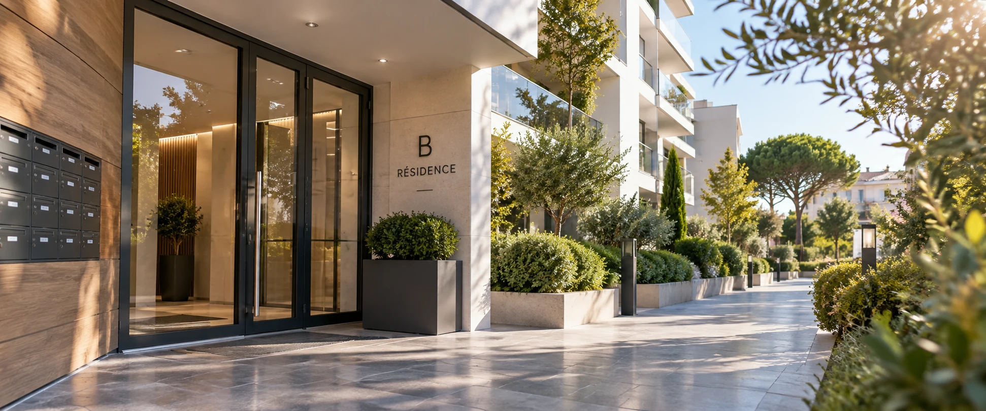 Entrée d'une résidence moderne, copropriété entretenue
